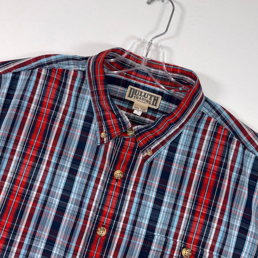 Duluth Trading Co Mens 2XL Tall Red Blue Plaid Short Sleeve Button Down Shirt